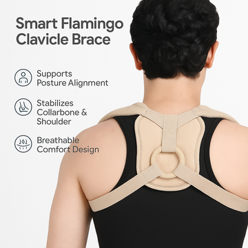 Smart Flamingo Clavicle Brace worn by a person, with features listed on the left.