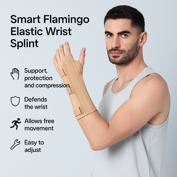 Man wearing a Smart Flamingo Elastic Wrist Splint with product features listed on a light gray background.