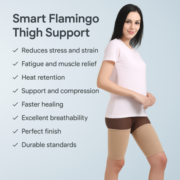 Woman wearing Smart Flamingo Thigh Support with feature list on a light blue background