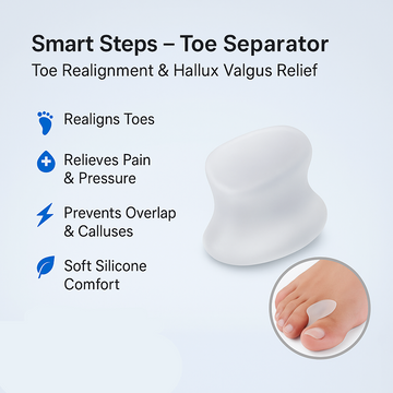 Smart Steps toe separator with features listed on a light blue background