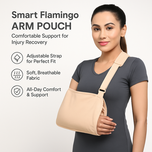 Woman wearing a Smart Flamingo arm pouch with text highlighting features on a light gray background