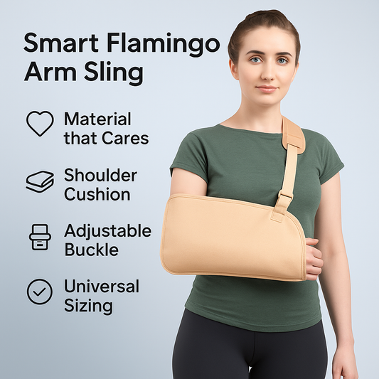 Woman wearing a beige arm sling with product features listed on a light blue background