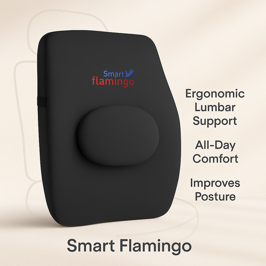 Black ergonomic lumbar support pillow with Smart Flamingo branding on a beige background