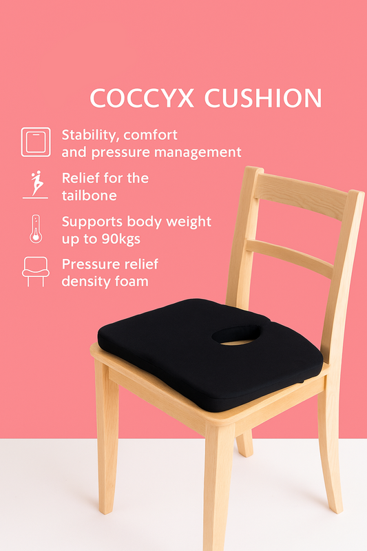 Flamingo coccyx cushion on a chair with product features listed.