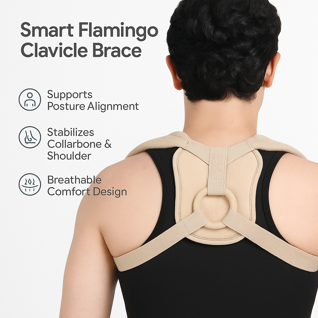 Smart Flamingo Clavicle Brace worn by a person, with features listed on the left.