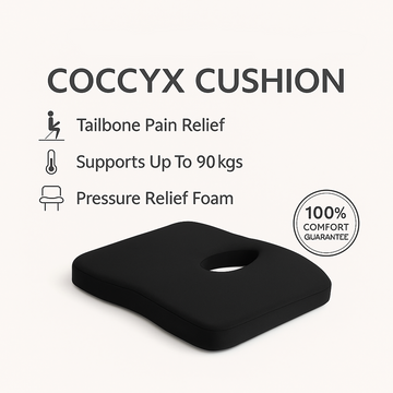 Black coccyx cushion with text highlighting features on a white background