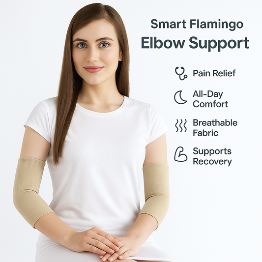 Woman wearing a Smart Flamingo elbow support with product features listed on a white background