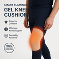 Smart flamingo gel knee cushion worn by a person, with text highlighting features on a light gray background.