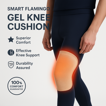 Smart flamingo gel knee cushion worn by a person, with text highlighting features on a light gray background.