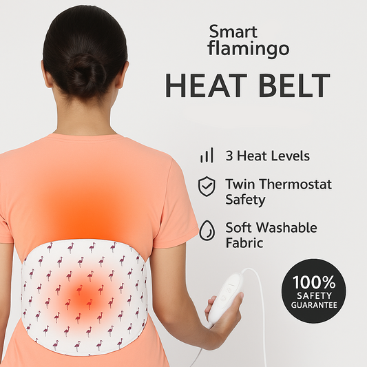 Smart Flamingo heat belt with features listed on a white background