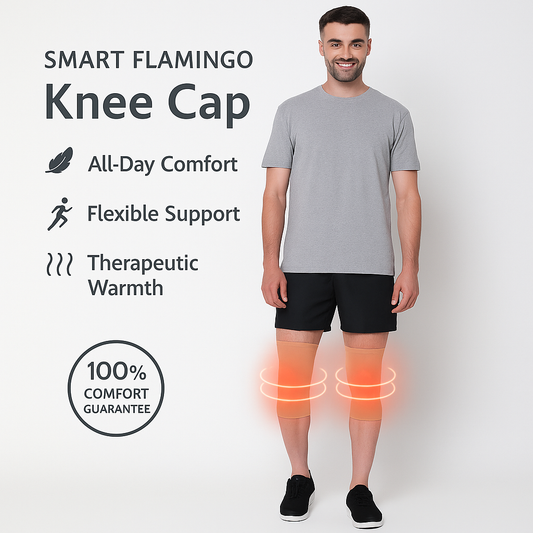 Man wearing a gray t-shirt and black shorts with glowing knee caps, promoting a smart flamingo knee cap.