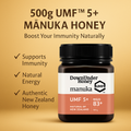 Manuka honey bottle with UMF certification on a beige background
