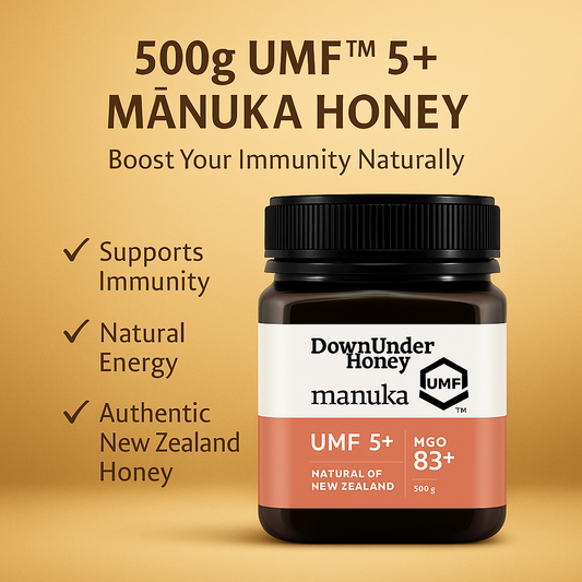 Manuka honey bottle with UMF certification on a beige background