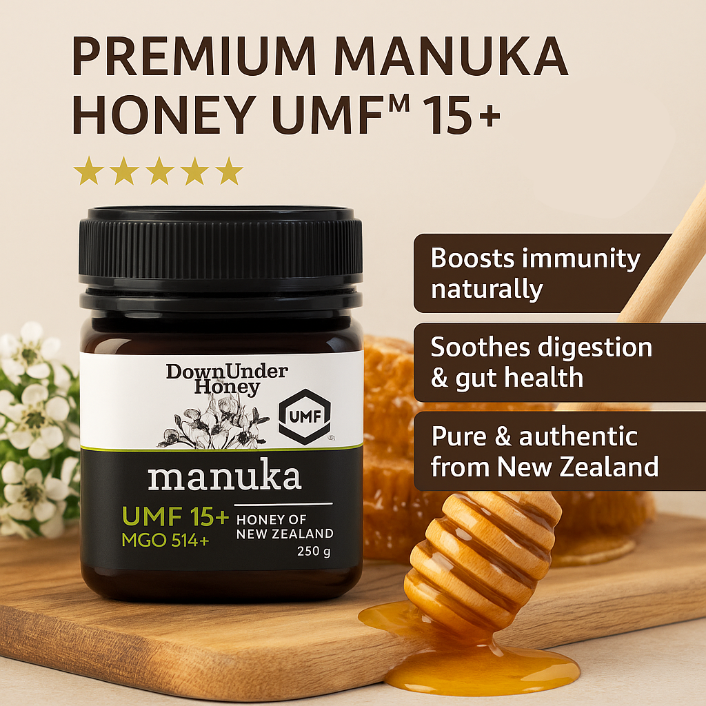 Manuka honey jar with honeycomb and flowers on a wooden board, featuring UMF certification.