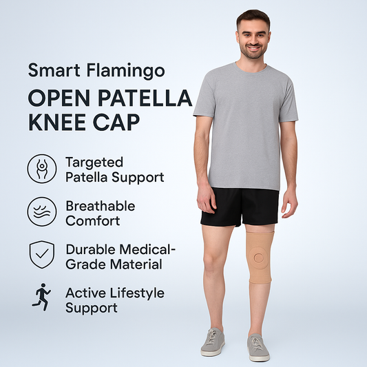 Man wearing a Smart Flamingo Open Patella Knee Cap with product features listed on a light blue background.