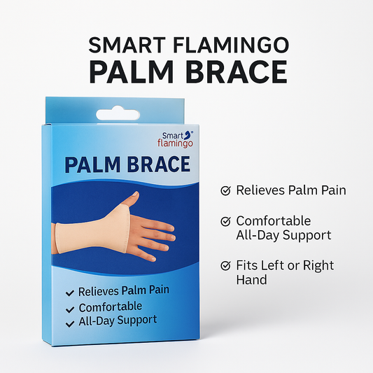 Smart Flamingo Palm Brace packaging with product features on a white background