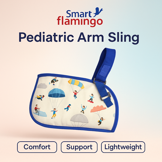 Smart Flamingo pediatric arm sling with cartoon design on a light background