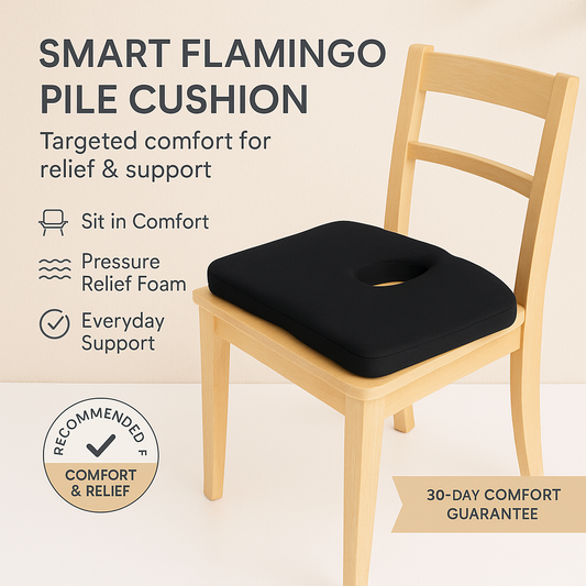 Black cushion with a hole on a wooden chair, featuring text about comfort and support.