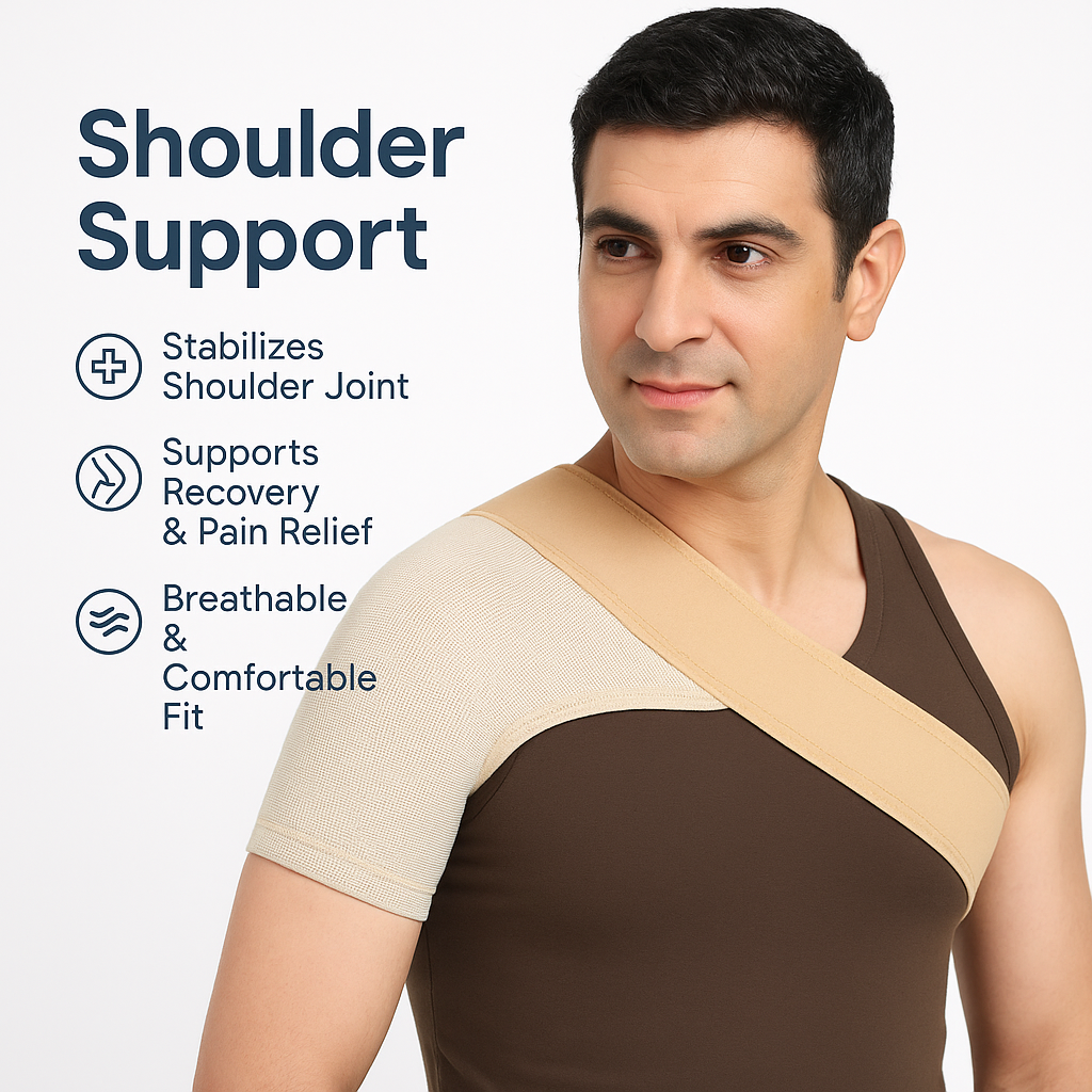 Man wearing a shoulder support brace with text highlighting its benefits on a white background