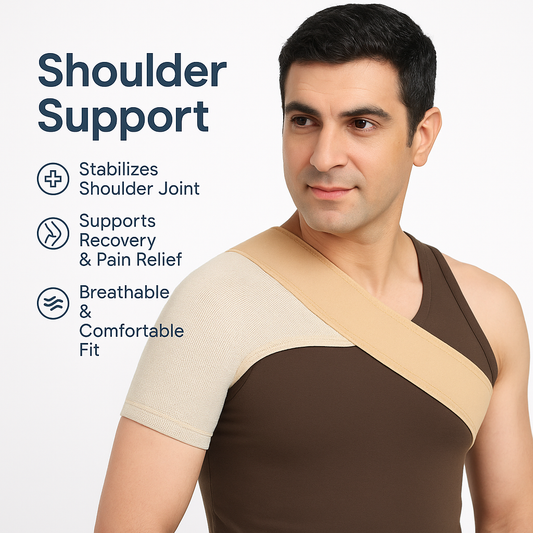Man wearing a shoulder support brace with text highlighting its benefits on a white background