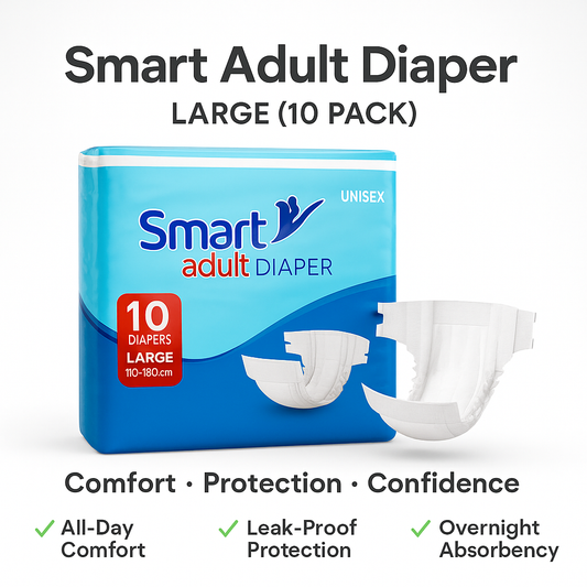 Box of Smart Adult Diapers with packaging details on a white background
