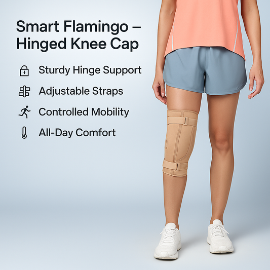 Person wearing a hinged knee cap with text highlighting features on a light blue background