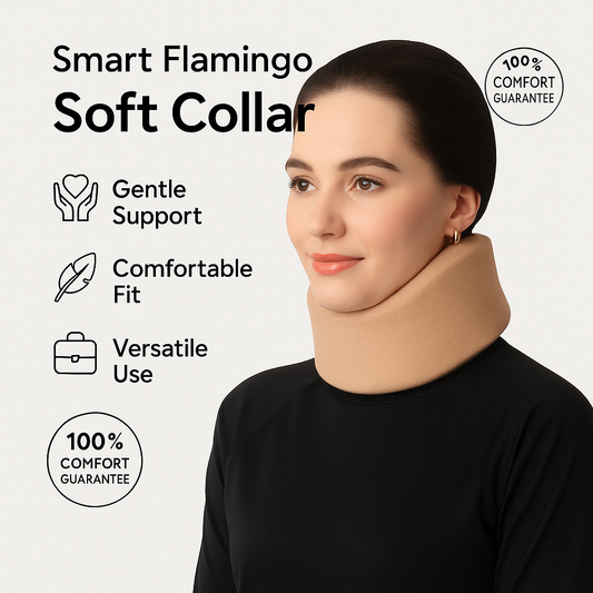 Woman wearing a Smart Flamingo Soft Collar with product features listed on a light gray background.