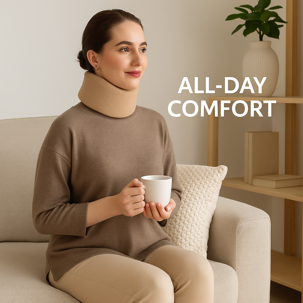 Woman sitting on a couch holding a mug with 'All-Day Comfort' text in a cozy room.