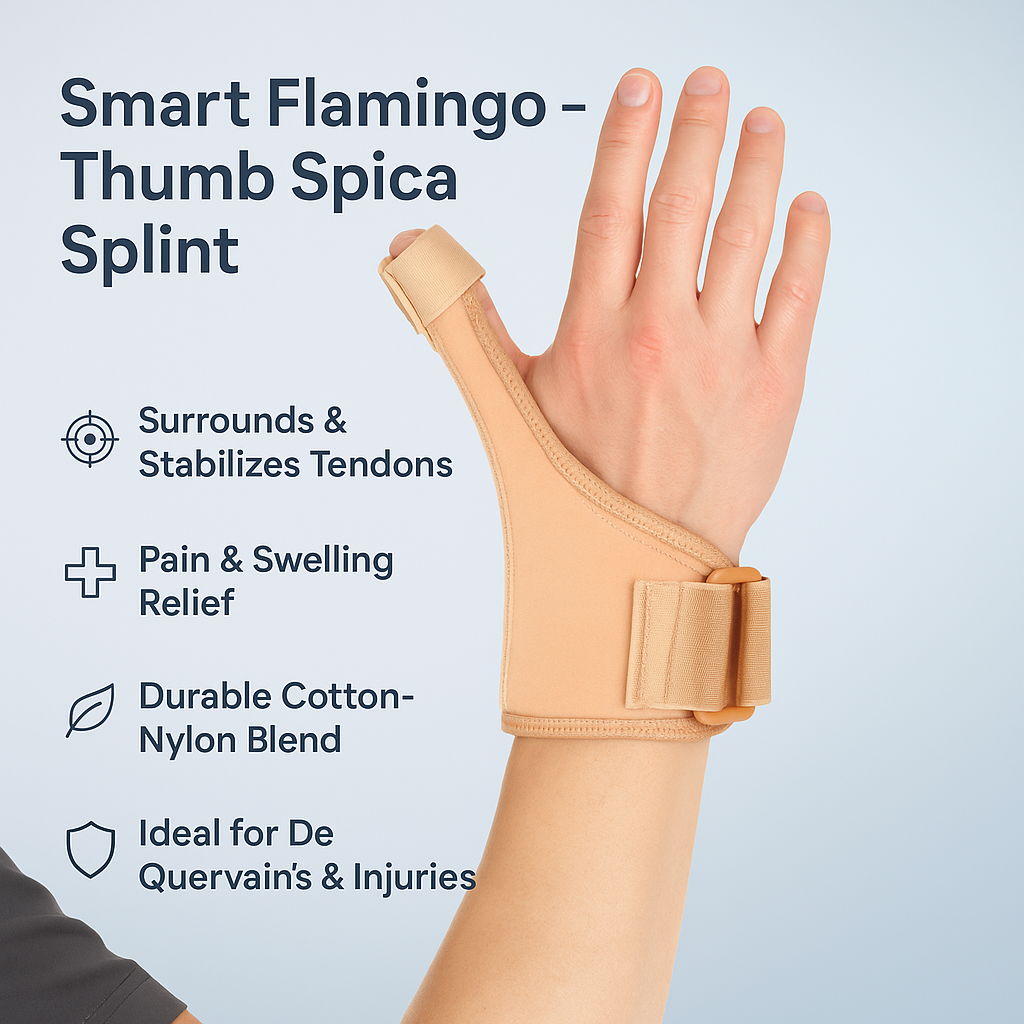 Smart Flamingo thumb spica splint on a hand with product features listed.