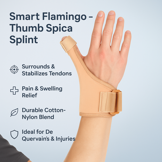 Smart Flamingo thumb spica splint on a hand with product features listed.