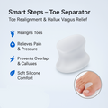Smart Steps toe separator with features listed on a light blue background