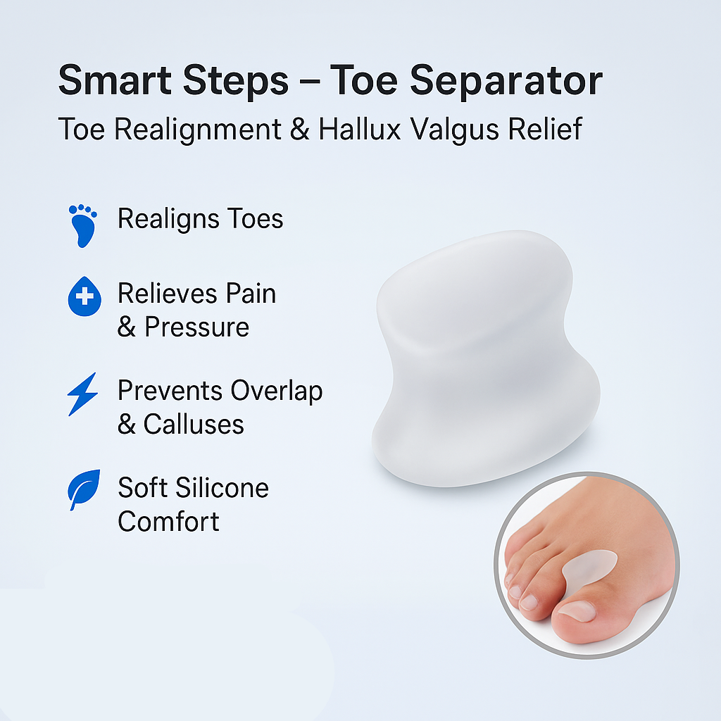 Smart Steps toe separator with features listed on a light blue background