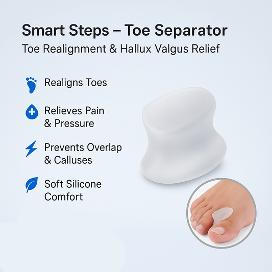 Smart Steps toe separator with features listed on a light blue background
