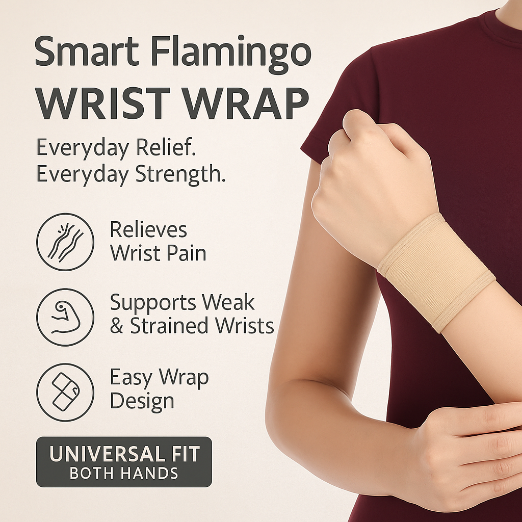 Smart Flamingo wrist wrap being worn on a person's wrist with product features listed.