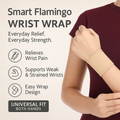 Smart Flamingo wrist wrap being worn on a person's wrist with product features listed.