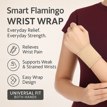 Smart Flamingo wrist wrap being worn on a person's wrist with product features listed.