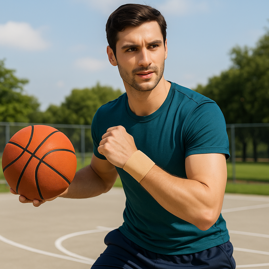 Man holding a basketball on an outdoor court with trees in the background