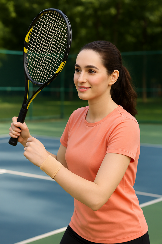 Woman holding a tennis racket on a tennis court