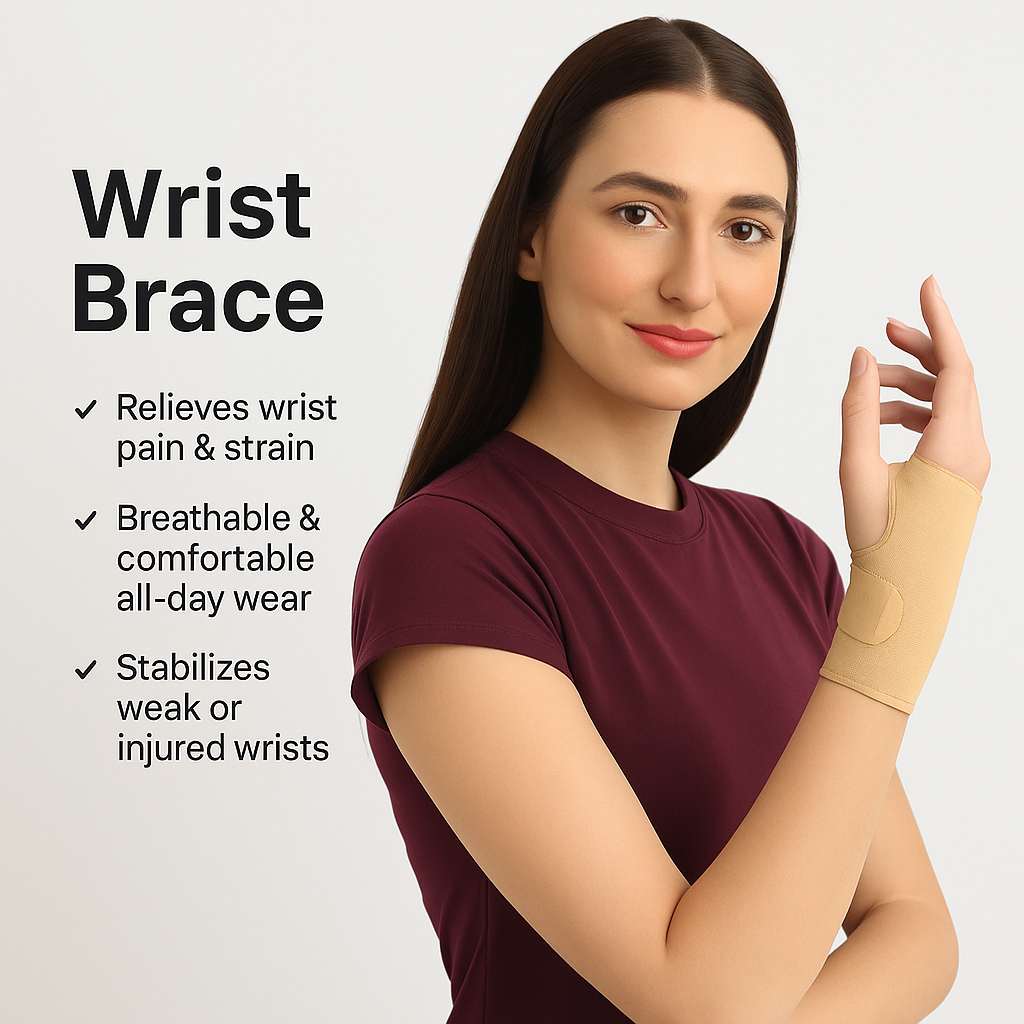 Woman wearing a wrist brace with product features listed on a light gray background