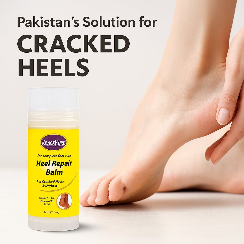 Krackure Heel Repair Balm with a foot showing cracked heels on a light background