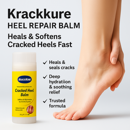 Krackkure Heel Repair Balm with a foot showing cracked heels and text highlighting benefits.