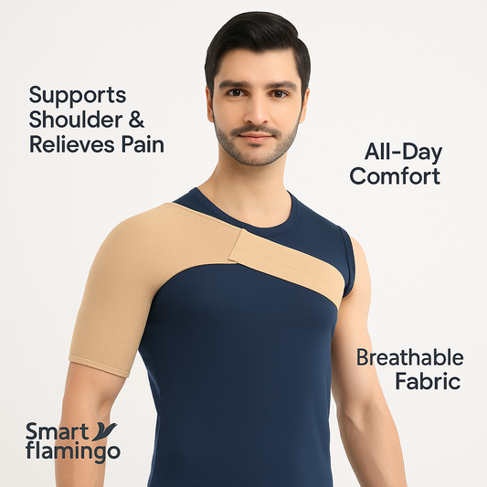 Man wearing a shoulder support brace with text highlighting features on a white background